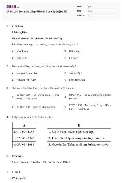 Đề thi Lịch Sử và Địa Lí lớp 5 Học kì 1 có đáp án (Đề 10)
