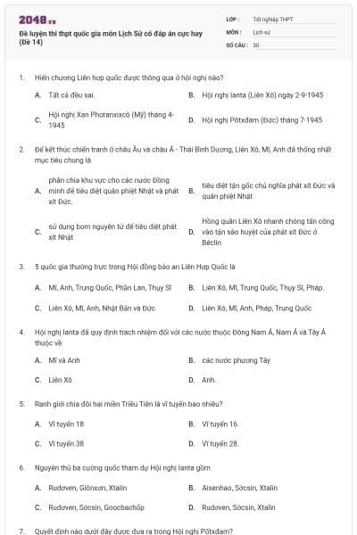 Đề luyện thi thpt quốc gia môn Lịch Sử có đáp án cực hay (Đề 14)