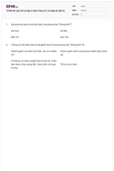 10 Đề thi Lịch Sử và Địa Lí lớp 5 Học kì 2 có đáp án (Đề 3)