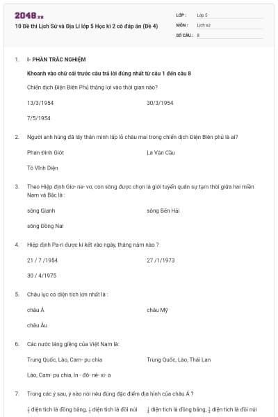 10 Đề thi Lịch Sử và Địa Lí lớp 5 Học kì 2 có đáp án (Đề 4)