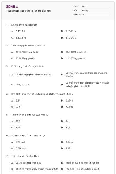 Trắc nghiệm Hóa 8 Bài 18 (có đáp án): Mol