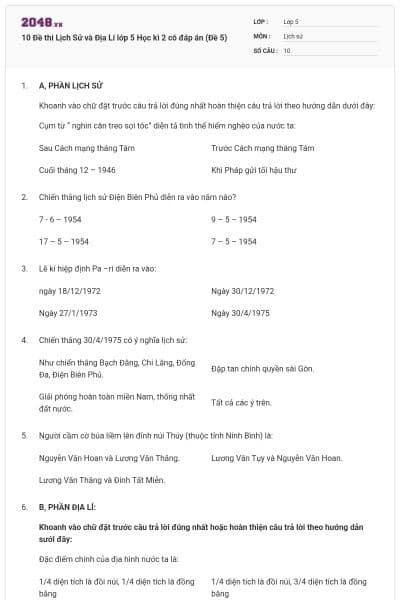 10 Đề thi Lịch Sử và Địa Lí lớp 5 Học kì 2 có đáp án (Đề 5)