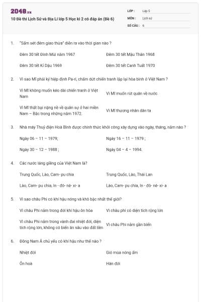 10 Đề thi Lịch Sử và Địa Lí lớp 5 Học kì 2 có đáp án (Đề 6)
