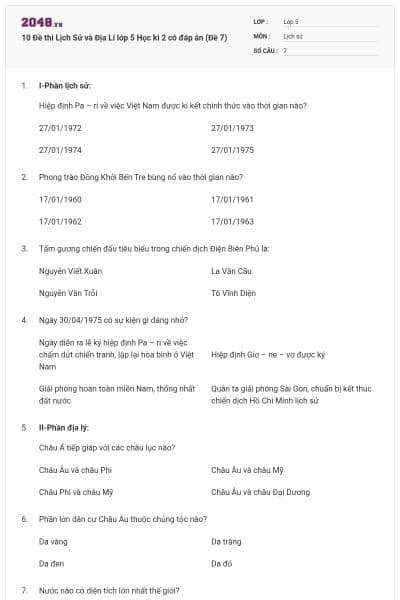 10 Đề thi Lịch Sử và Địa Lí lớp 5 Học kì 2 có đáp án (Đề 7)