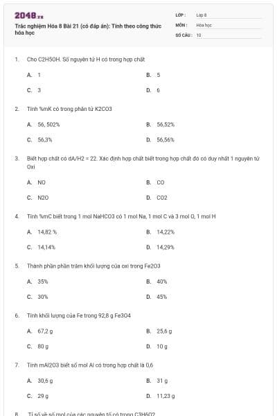 Trắc nghiệm Hóa 8 Bài 21 (có đáp án): Tính theo công thức hóa học