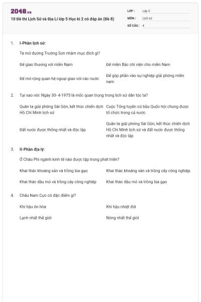 10 Đề thi Lịch Sử và Địa Lí lớp 5 Học kì 2 có đáp án (Đề 8)