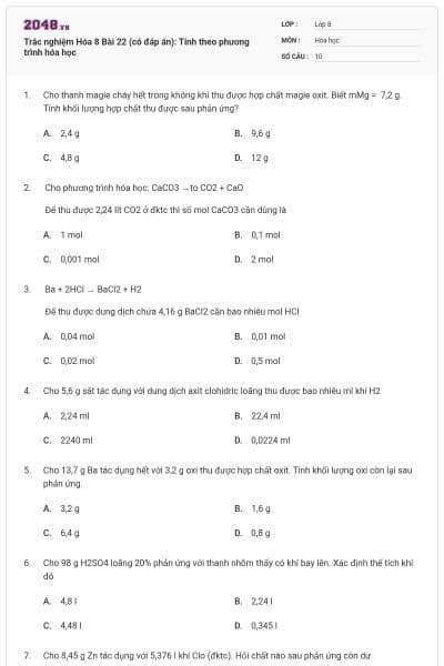 Trắc nghiệm Hóa 8 Bài 22 (có đáp án): Tính theo phương trình hóa học