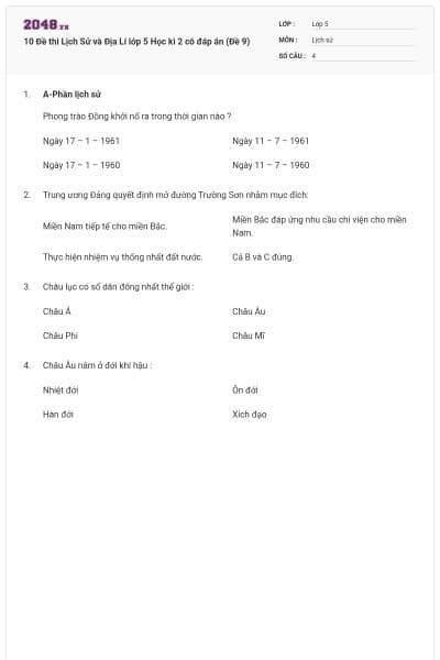 10 Đề thi Lịch Sử và Địa Lí lớp 5 Học kì 2 có đáp án (Đề 9)
