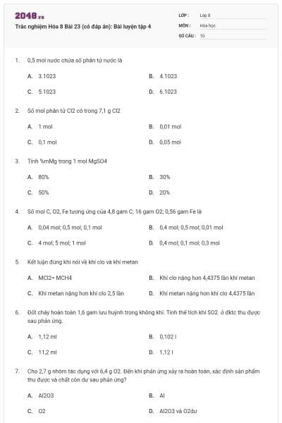 Trắc nghiệm Hóa 8 Bài 23 (có đáp án): Bài luyện tập 4