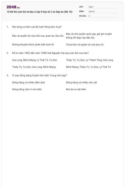 10 Đề thi Lịch Sử và Địa Lí lớp 5 Học kì 2 có đáp án (Đề 10)