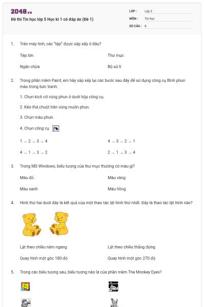 Đề thi Tin học lớp 5 Học kì 1 có đáp án (Đề 1)