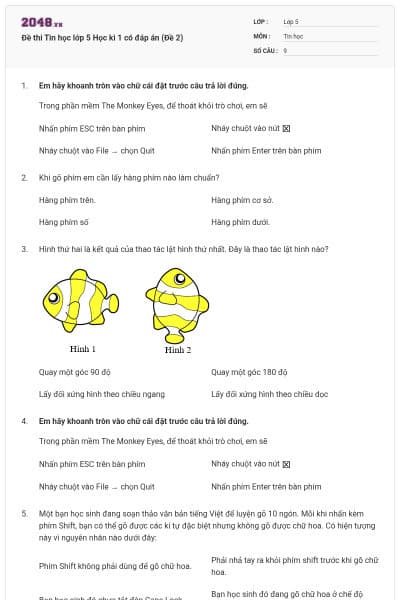 Đề thi Tin học lớp 5 Học kì 1 có đáp án (Đề 2)