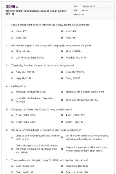 Đề luyện thi thpt quốc gia môn Lịch Sử có đáp án cực hay (Đề 15)
