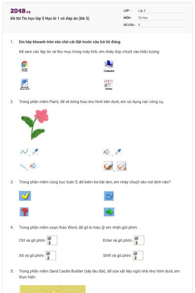 Đề thi Tin học lớp 5 Học kì 1 có đáp án (Đề 3)