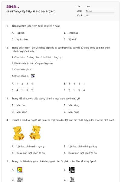 Đề thi Tin học lớp 5 Học kì 1 có đáp án (Đề 1)