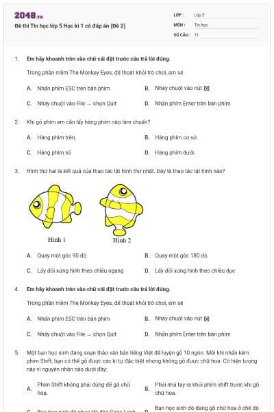 Đề thi Tin học lớp 5 Học kì 1 có đáp án (Đề 2)