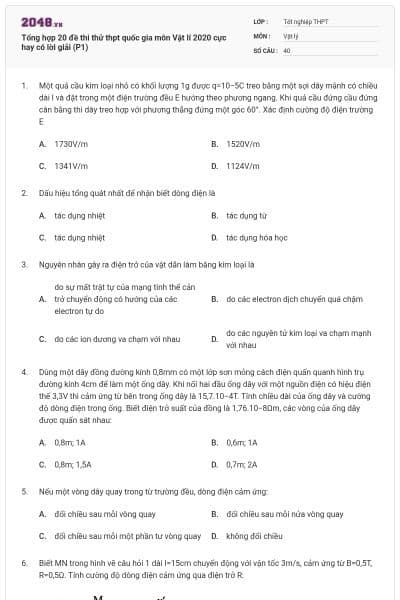 Tổng hợp 20 đề thi thử thpt quốc gia môn Vật lí 2020 cực hay có lời giải (P1)