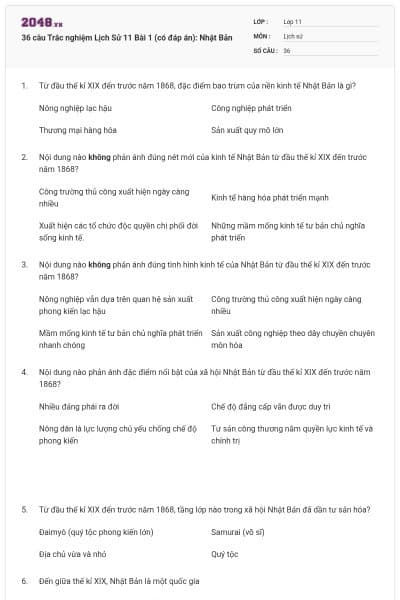 36 câu Trắc nghiệm Lịch Sử 11 Bài 1 (có đáp án): Nhật Bản
