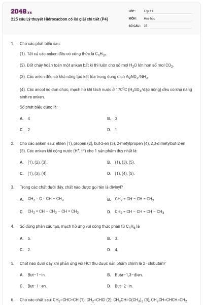 225 câu Lý thuyết Hidrocacbon có lời giải chi tiết (P4)