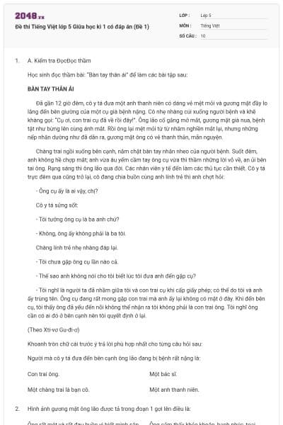 Đề thi Tiếng Việt lớp 5 Giữa học kì 1 có đáp án (Đề 1)