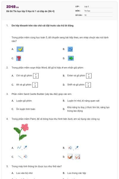 Đề thi Tin học lớp 5 Học kì 1 có đáp án (Đề 4)