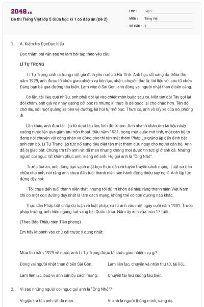 Đề thi Tiếng Việt lớp 5 Giữa học kì 1 có đáp án (Đề 2)