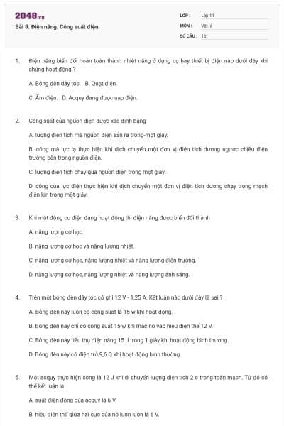 Bài 8: Điện năng. Công suất điện