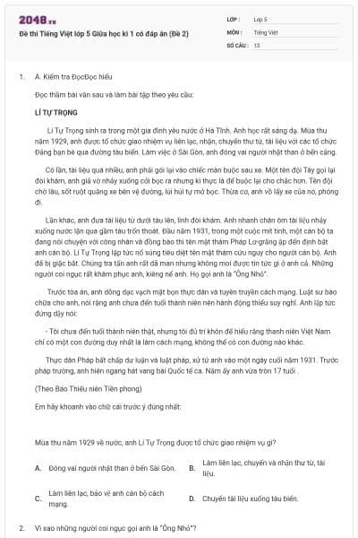 Đề thi Tiếng Việt lớp 5 Giữa học kì 1 có đáp án (Đề 2)