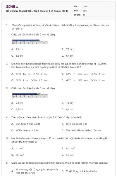 Đề kiểm tra 15 phút Vật Lí lớp 6 Chương 1 có đáp án (Đề 1)
