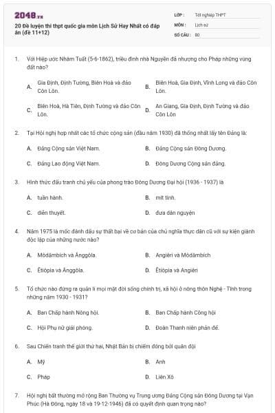 20 Đề luyện thi thpt quốc gia môn Lịch Sử Hay Nhất có đáp án (đề 11+12)