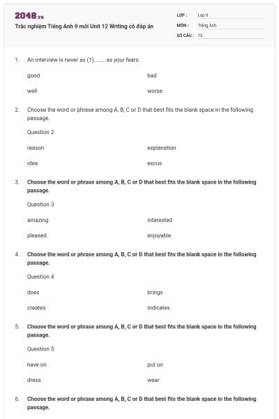 Trắc nghiệm Tiếng Anh 9 mới Unit 12 Writing có đáp án