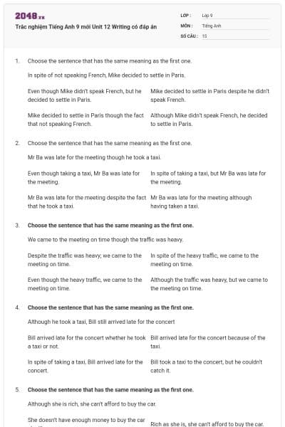 Trắc nghiệm Tiếng Anh 9 mới Unit 12 Writing có đáp án