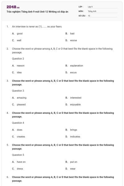 Trắc nghiệm Tiếng Anh 9 mới Unit 12 Writing có đáp án