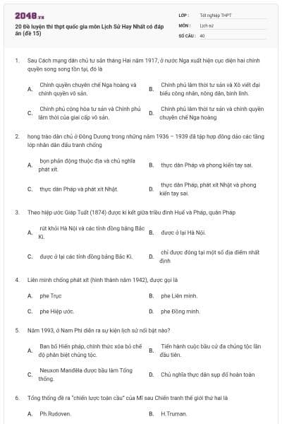 20 Đề luyện thi thpt quốc gia môn Lịch Sử Hay Nhất có đáp án (đề 15)