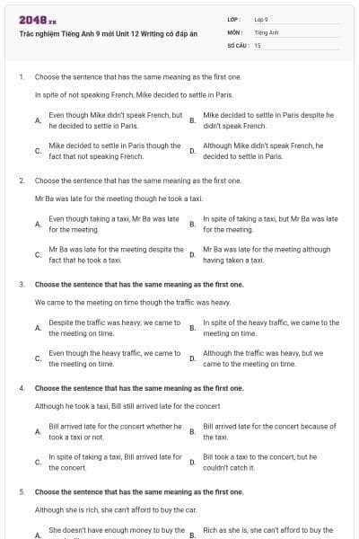 Trắc nghiệm Tiếng Anh 9 mới Unit 12 Writing có đáp án