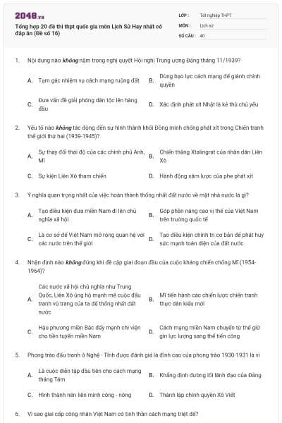 Tổng hợp 20 đề thi thpt quốc gia môn Lịch Sử Hay nhất có đáp án (Đề số 16)