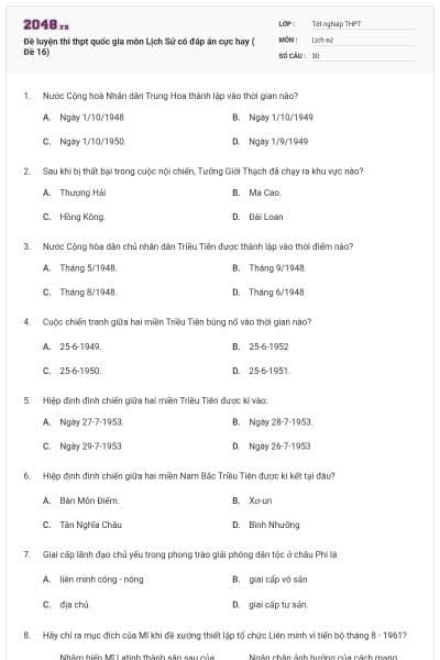 Đề luyện thi thpt quốc gia môn Lịch Sử có đáp án cực hay ( Đề 16)