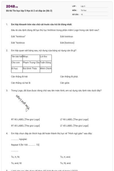 Đề thi Tin học lớp 5 Học kì 2 có đáp án (Đề 3)