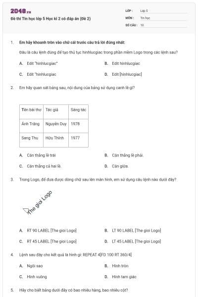 Đề thi Tin học lớp 5 Học kì 2 có đáp án (Đề 2)