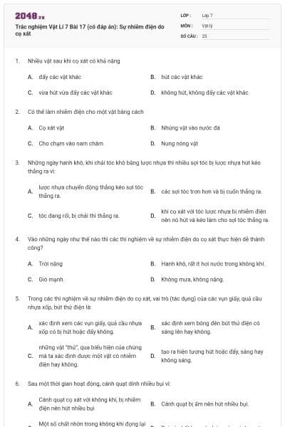 Trắc nghiệm Vật Lí 7 Bài 17 (có đáp án): Sự nhiễm điện do cọ xát