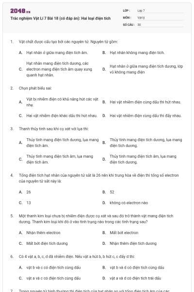 Trắc nghiệm Vật Lí 7 Bài 18 (có đáp án): Hai loại điện tích
