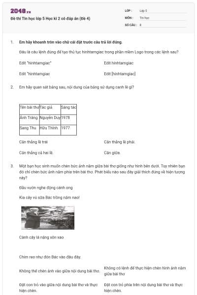 Đề thi Tin học lớp 5 Học kì 2 có đáp án (Đề 4)