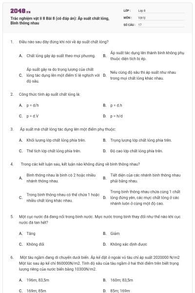 Trắc nghiệm vật lí 8 Bài 8 (có đáp án): Áp suất chất lỏng, Bình thông nhau
