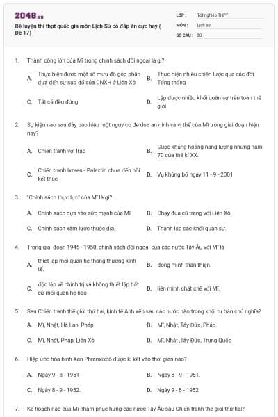 Đề luyện thi thpt quốc gia môn Lịch Sử có đáp án cực hay ( Đề 17)