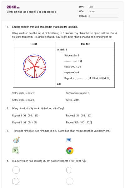 Đề thi Tin học lớp 5 Học kì 2 có đáp án (Đề 5)