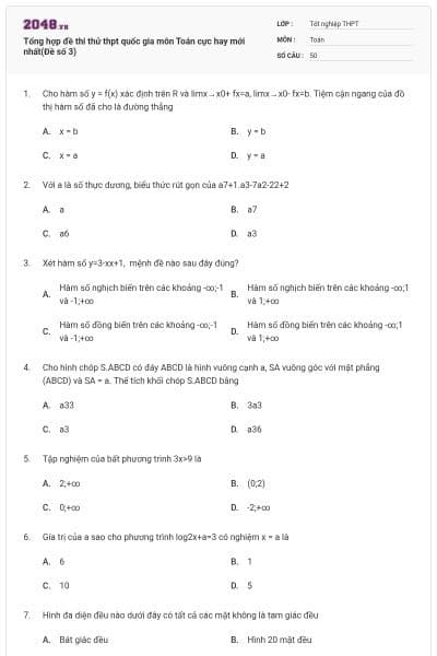 Tổng hợp đề thi thử thpt quốc gia môn Toán cực hay mới nhất(Đề số 3)