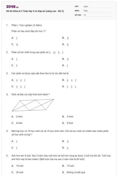 Đề thi Giữa kì 2 Toán lớp 4 có đáp án (nâng cao - Đề 2)
