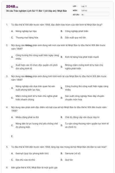 36 câu Trắc nghiệm Lịch Sử 11 Bài 1 (có đáp án): Nhật Bản
