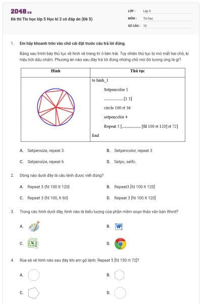 Đề thi Tin học lớp 5 Học kì 2 có đáp án (Đề 5)