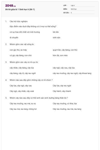 Đề thi giữa kì 1 Sinh học 6 (Đề 1)